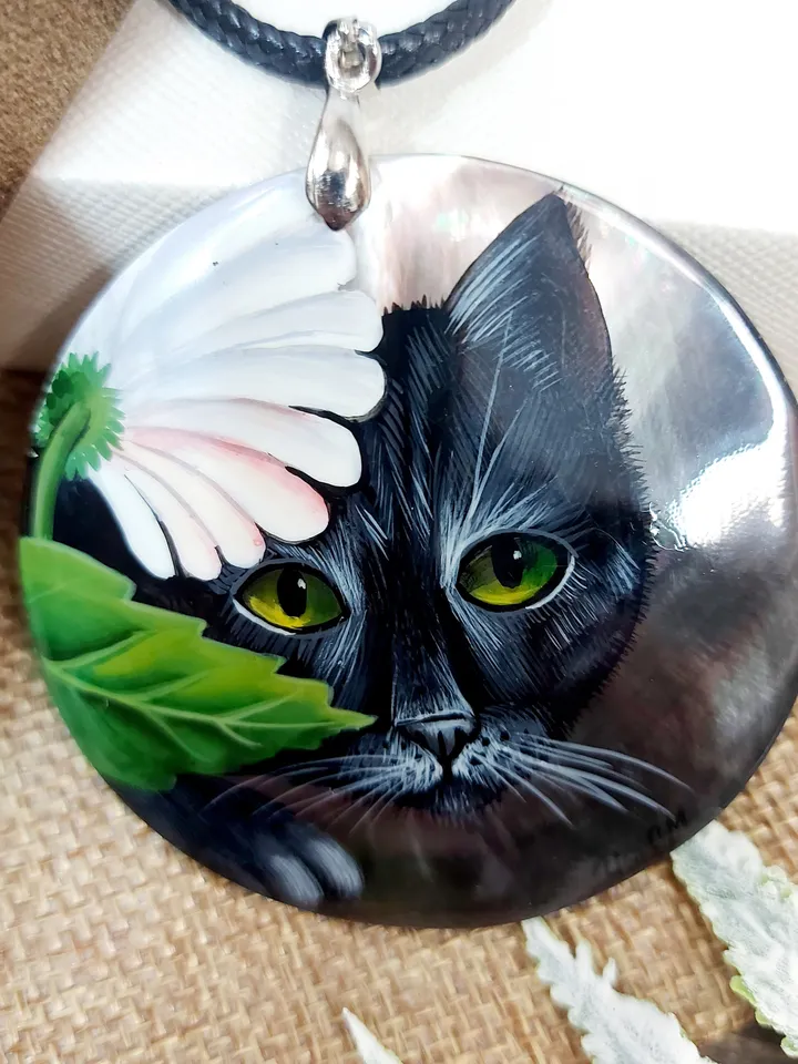 Pearl pendant necklace: Curious Black Cat under white blossom • Handmade jewelry with cute kitten • Rare cute animal pendant made from shell