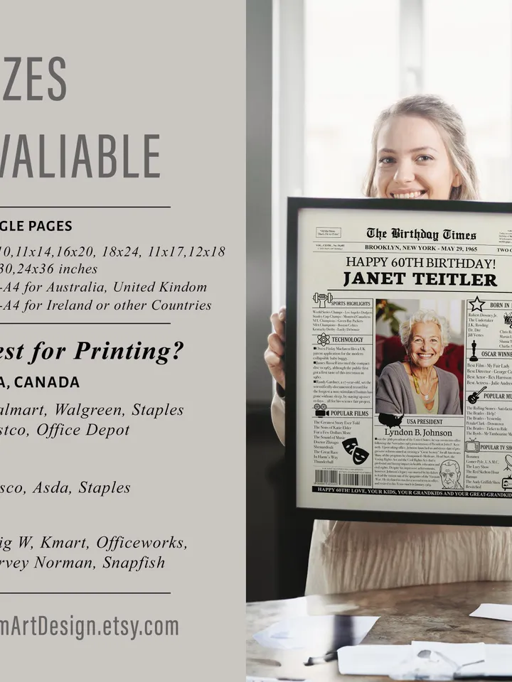 60th Birthday Newspaper Poster Born in 1965 Printable Decor Birthday Gift for Men or Women