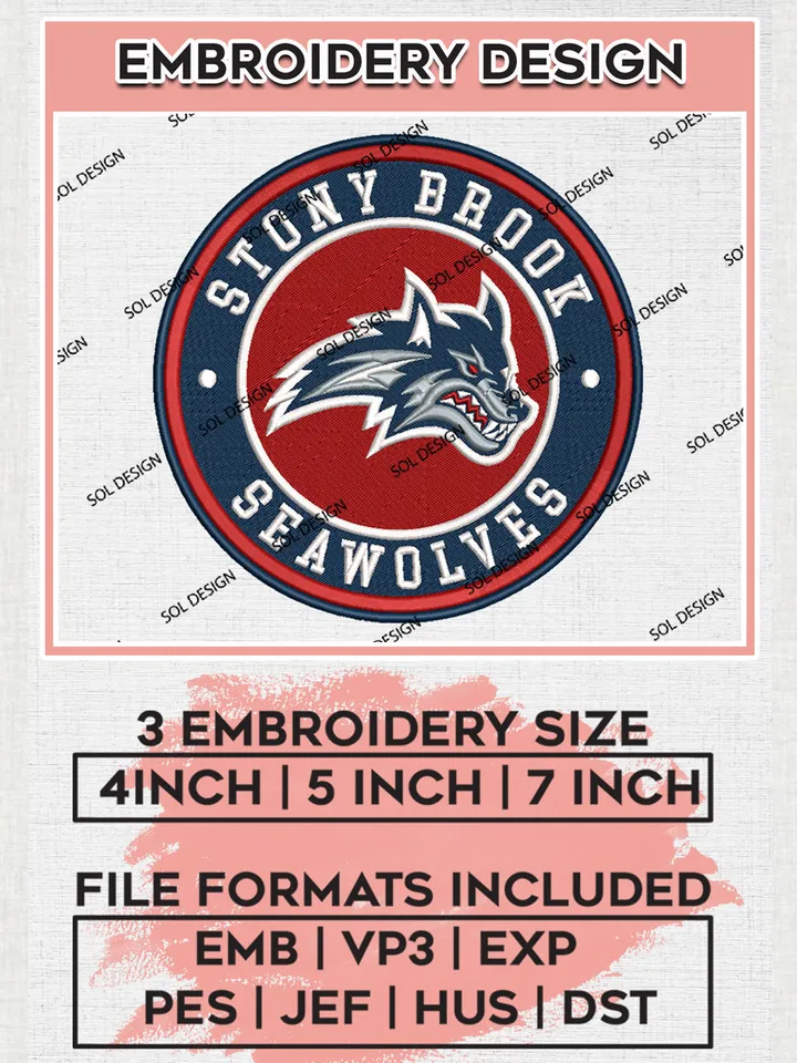NCAA Stony Brook Seawolves Round Logo Embroidery, NCAA Stony Brook Seawolves Logo Embroidery files, NCAA Teams, Machine embroidery designs, Digital Download