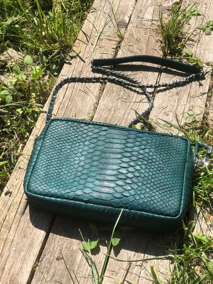 Genuine Python Skin Bag Dark Green Color | Exotic Leather Babs | Snake Skin Bag | Women Classy Elegant  Chain Crossbody Shoulder Purse Green