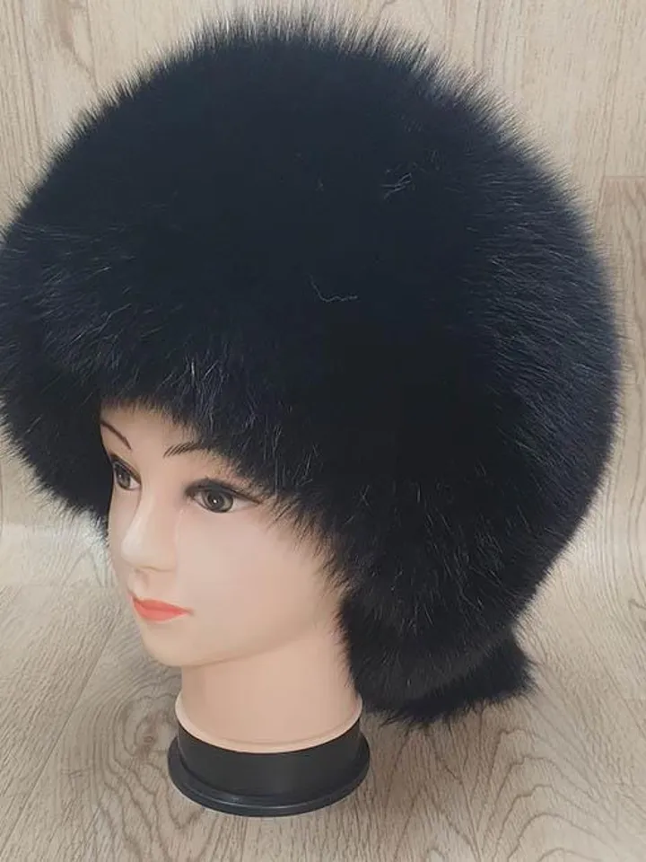 Women's hat made of fox fur. Black fur hat made of natural fur. Winter hat made of whole fur, warm, comfortable Barbara.