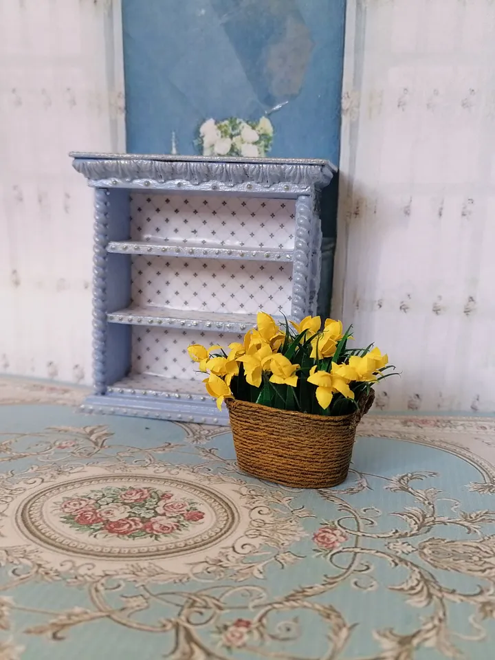 Flowers in a basket. Dollhouse miniature. Handmade. 1:12.