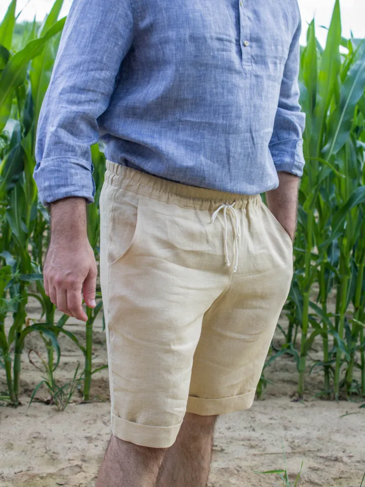Beige linen shorts for men with pockets and with elastic waist / Mens summer linen shorts / Linen organic clothing
