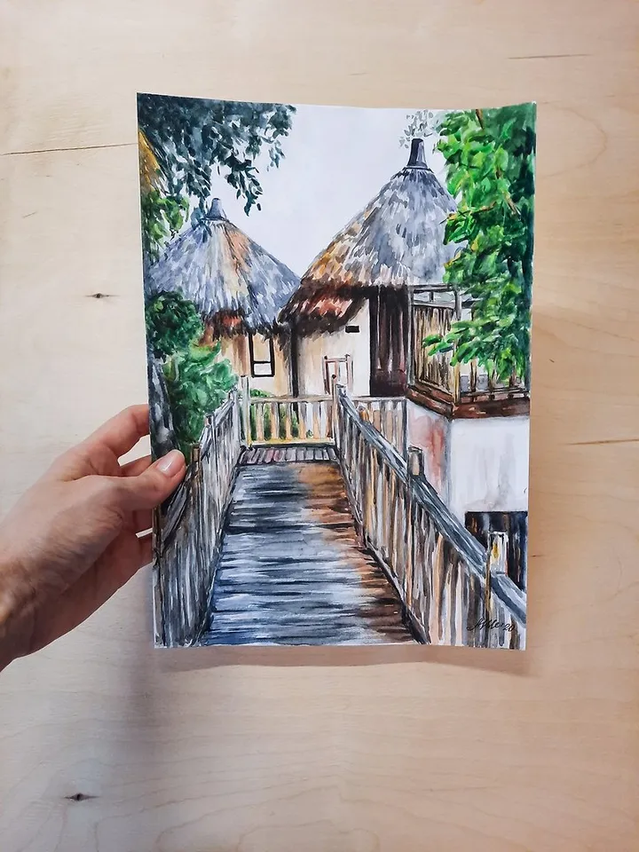 Original watercolor painting Tropical landscape House painting Wall art decor