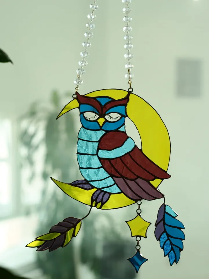Stained Glass: Owl on the Moon, Stained Glass Owl on the Moon, Baby Room Hanging Owl and Stars, Moonlight Owl Stained Glass Mobile, Whimsical Owl and Moon Nursery Decoration, Handcrafted Stained Glass Owl for Kids' Room, Dreamy Owl and Moon Window Suncatc