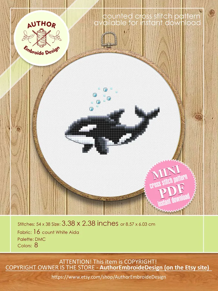 Killer whale cross stitch pattern PDF Set of 3 orca whale patterns instant download, Small cross stitch chart, Sea animals embroidery #K18