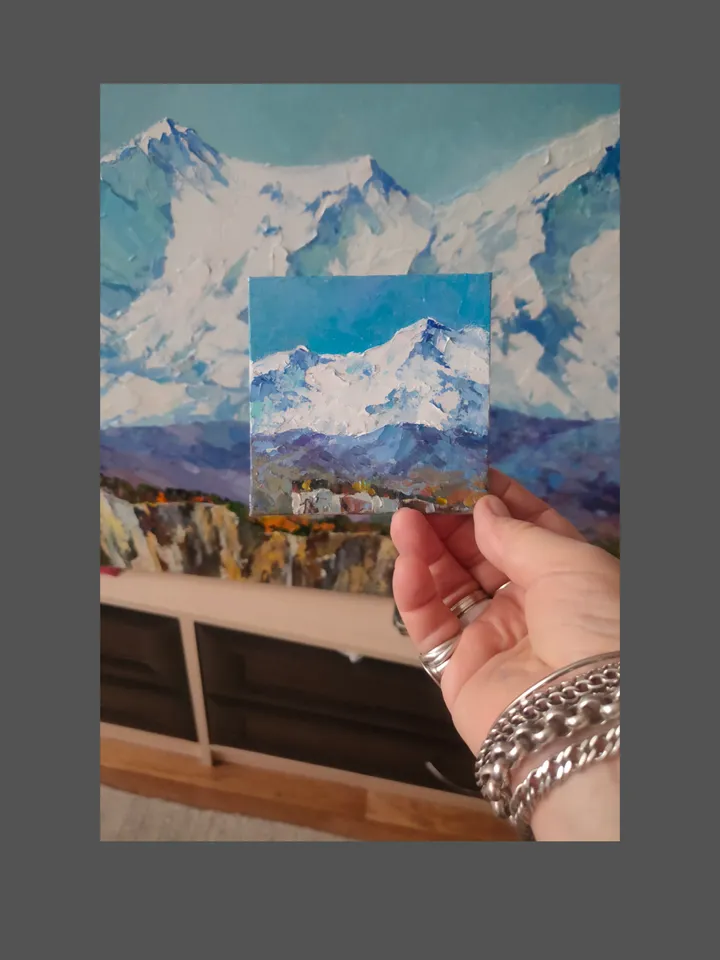 Original Oil Painting Mountain Landscape Wall Art Impasto Artwork Painting in Frame Canvas Painting 4 by 4 inches by Natalia
