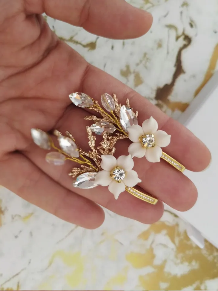 Boho Wedding Earrings, Porcelain Flowers Earrings For Bride, Floral Bridal Earrings, Leaf Wedding Jewelry, Swarovski Earrings, Jewellery Set