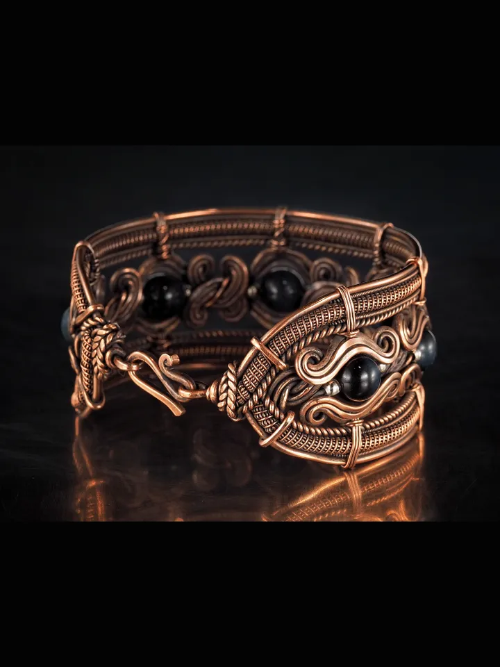 Copper wire bracelet with natural falcon eye, 7th Wedding Anniversary gift