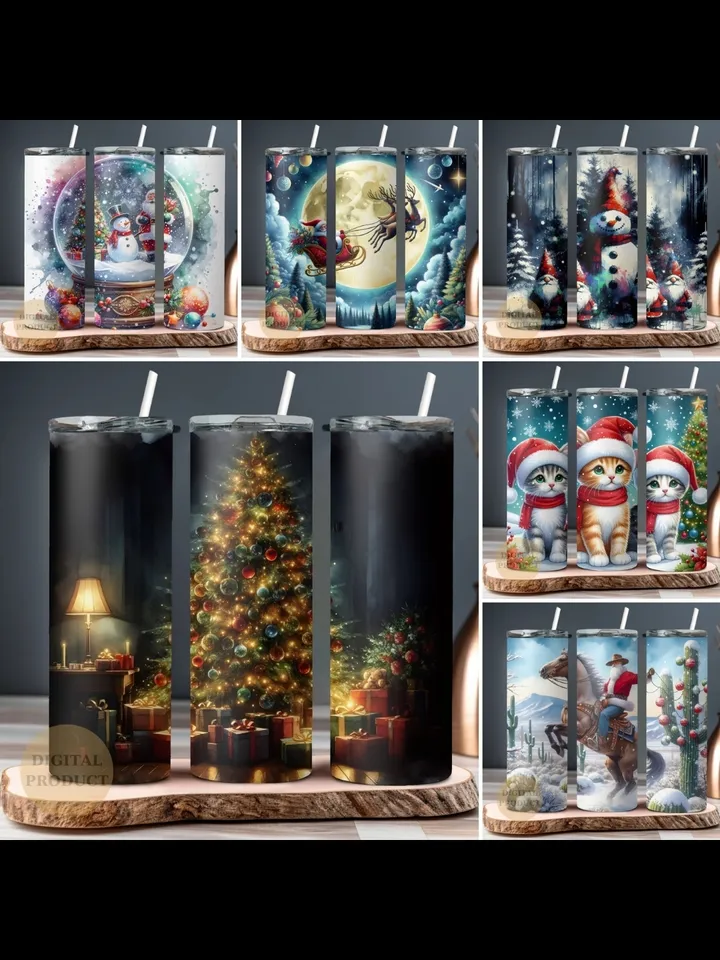 10 Christmas 20 Oz Tumbler Wrap png Bundle, Christmas Sublimation Designs for Tumblers, Santa with Sleigh, Christmas Gnomes with Santa Cat
