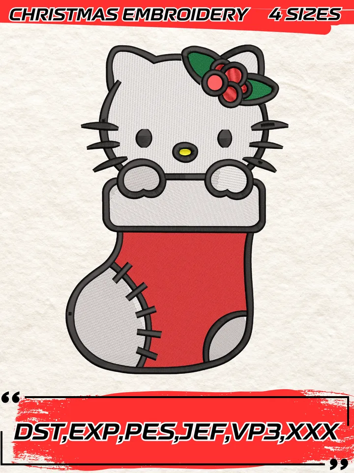 Hello Kitty Stocking Christmas Embroidery Design, Cute Hello Kitty Embroidery Digitizing Pes File,4 Sizes, Digital Download