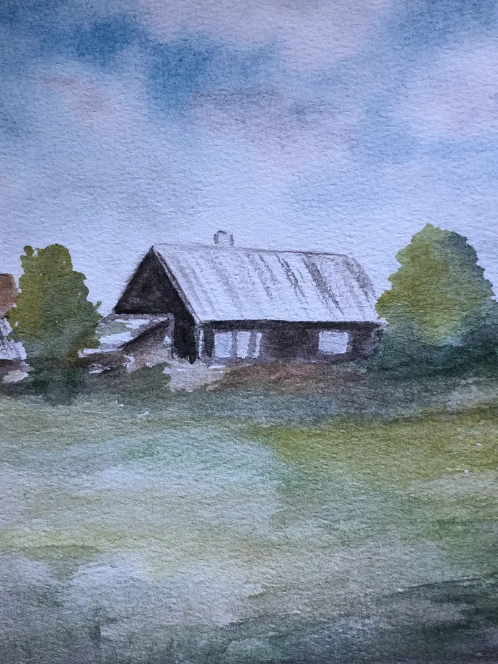 Summer village beautiful landscape modern wall art hand painted original watercolour painting