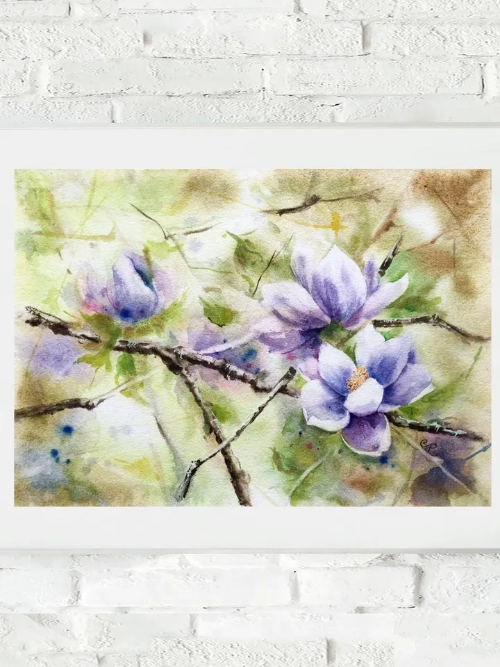 Flowers Original Painting Flora Watercolor Art Spring Wall Art Blooming Trees