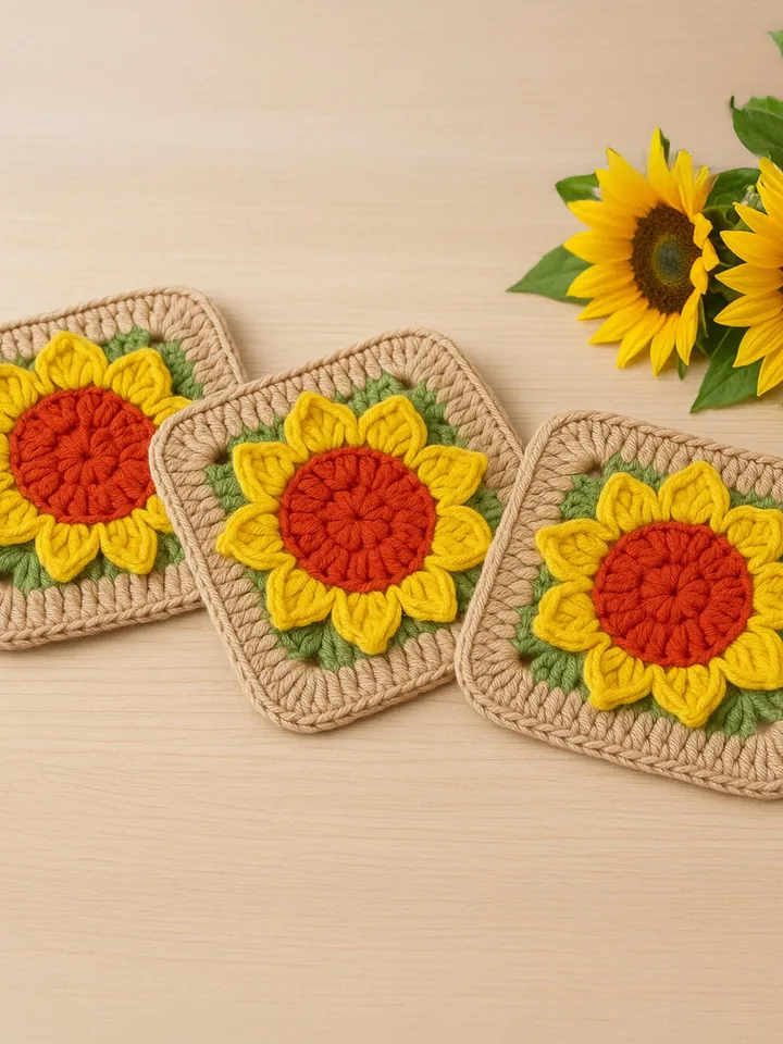 Sunflower Square Crochet Blanket Pattern - Perfect Housewarming or Mother's Day Gifts - Crochet Flower Coaster for Kitchen and Dining