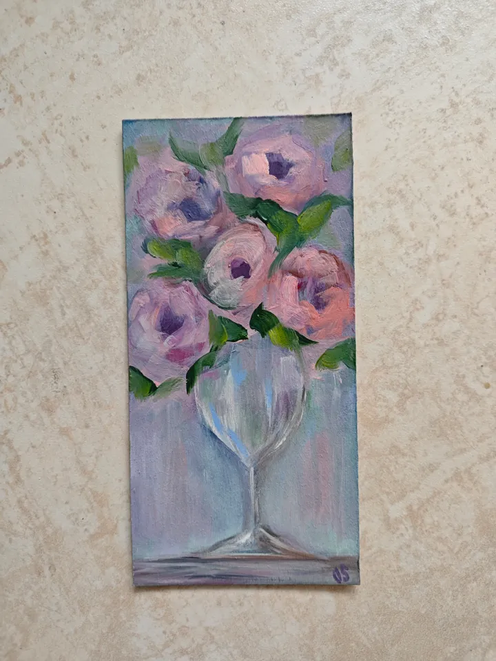 Flowers Original Painting Floral Original Art Flowers In Vase Modern Artwork  Flowers In Glass Wall Decor Floral Oil Painting 4x8 inches by OlgaSokolovaArt