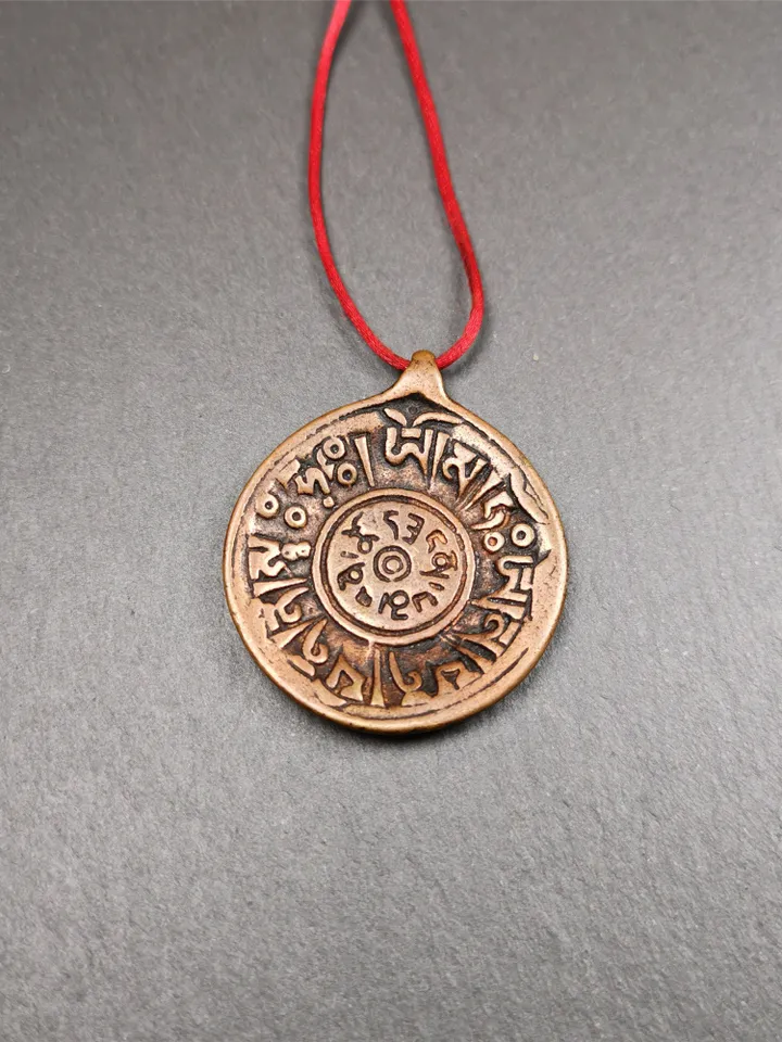 Gandhanra Vintage Tibetan Buddhist Amulet,Om Badge Pendant, Mantra of Om Mani Padme Hum, Made of Red Copper,1.46"