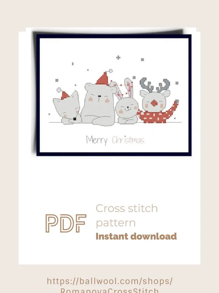 Merry Christmas cross stitch PDF pattern, cute animals embroidery design, Instant download