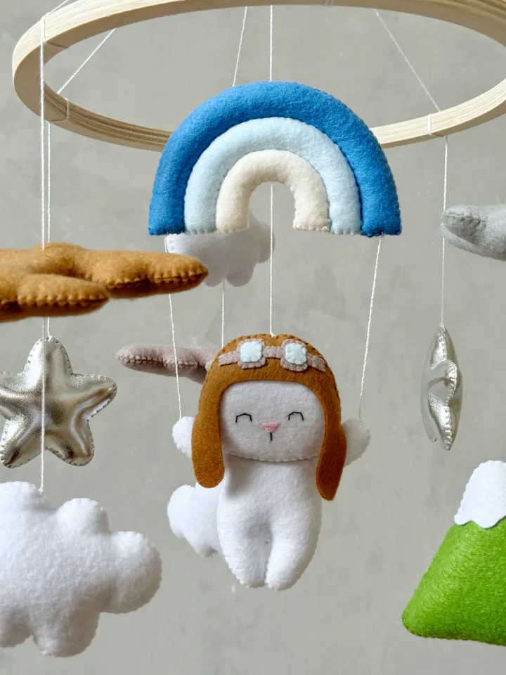 Bunny pilot baby mobile boy airplane, Travel nursery crib mobile