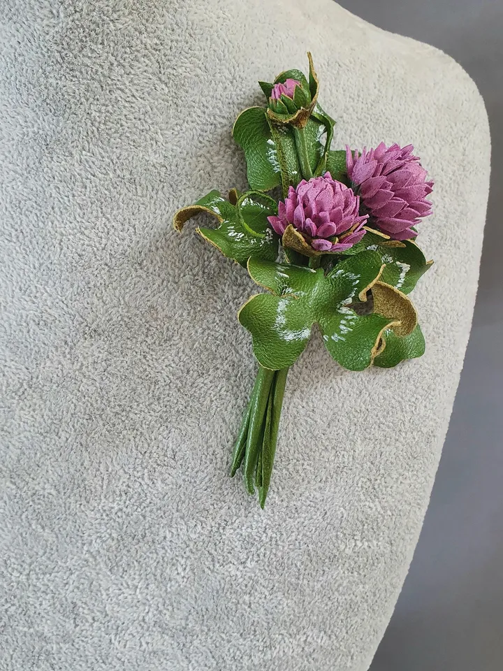 Clover leather brooch 3rd anniversary gift for wife, Leather women's jewelry,art 5