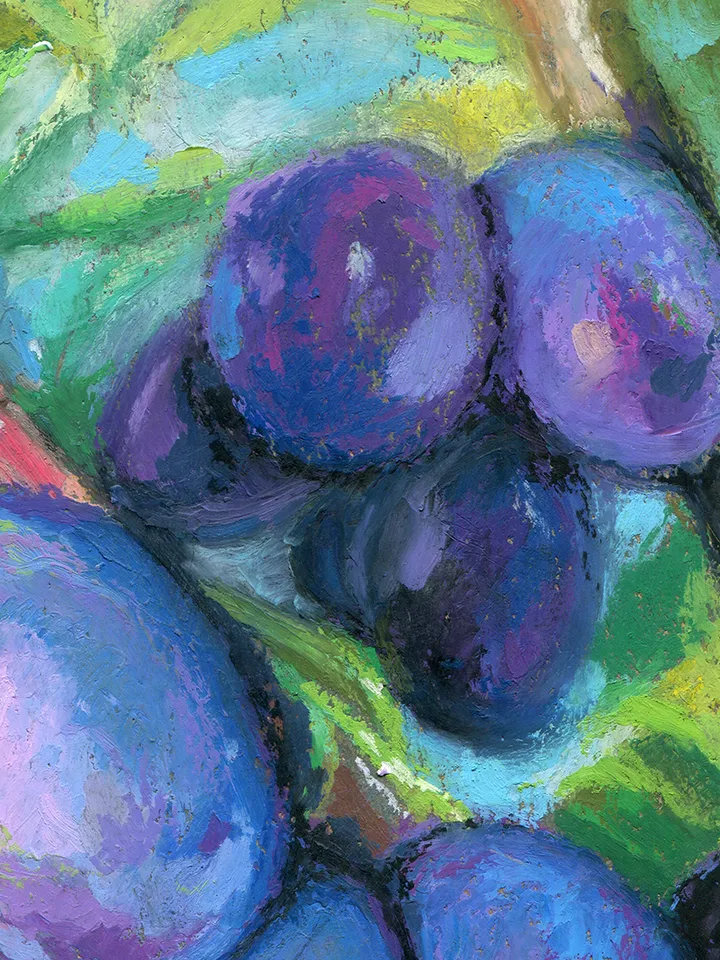 Plums Fruit on a branch Oil pastel drawing on kraft paper.