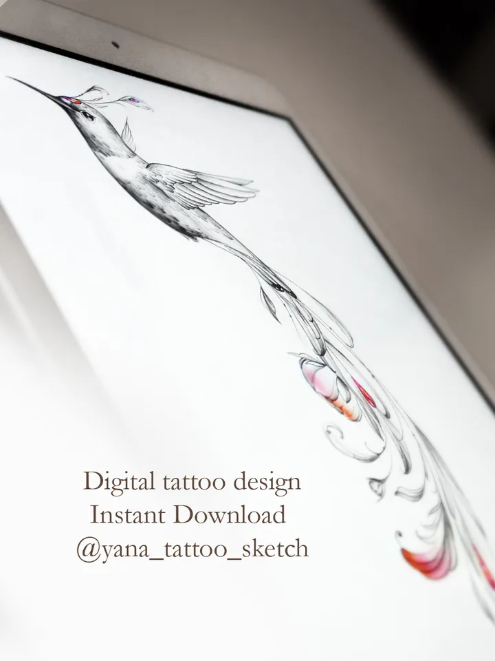 Hummingbird Tattoo Design For Females Hummingbird Tattoo Idea Drawing Sketch, Instant download JPG, PDF, PNG