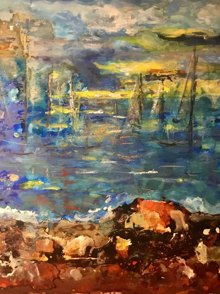 Sunset mirage,mix media painting on yupo paper,fantasy sea boats abstract painting,gift,home decoration,wall hanging