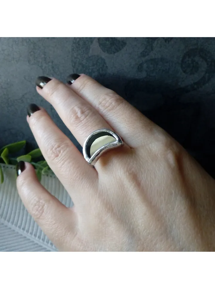 Mirror crescent ring, moon ring, stained glass ring, protection ring, Halloween ring, witchy aesthetic, soldered ring