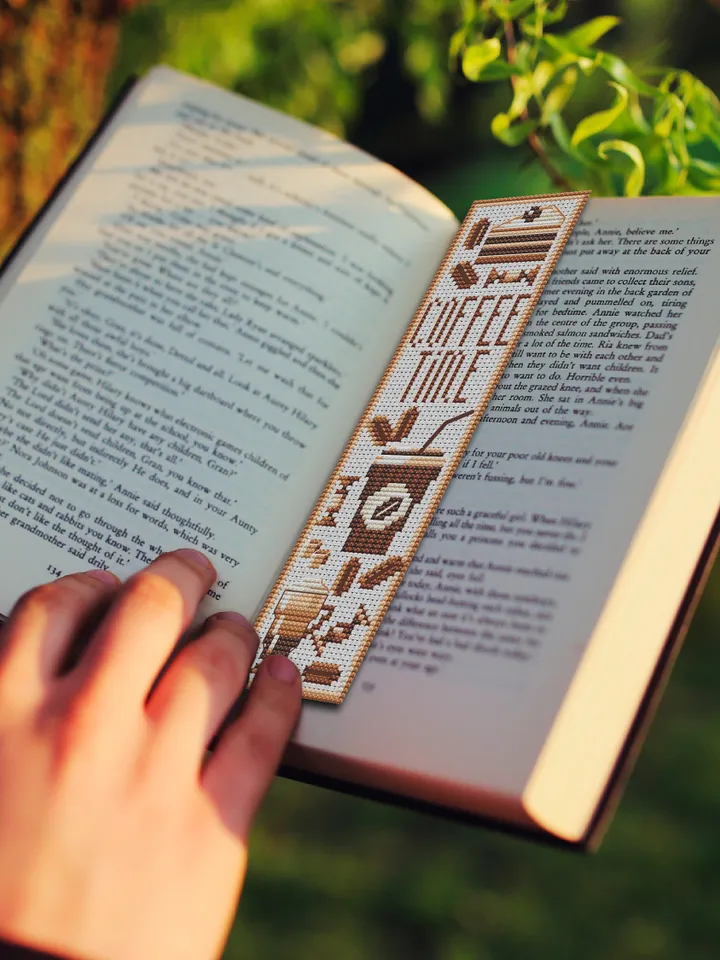 Bookmark coffee time cross stitch pattern digital PDF Handmade bookmark embroidery beginners Instant download Gift for book lover #B3