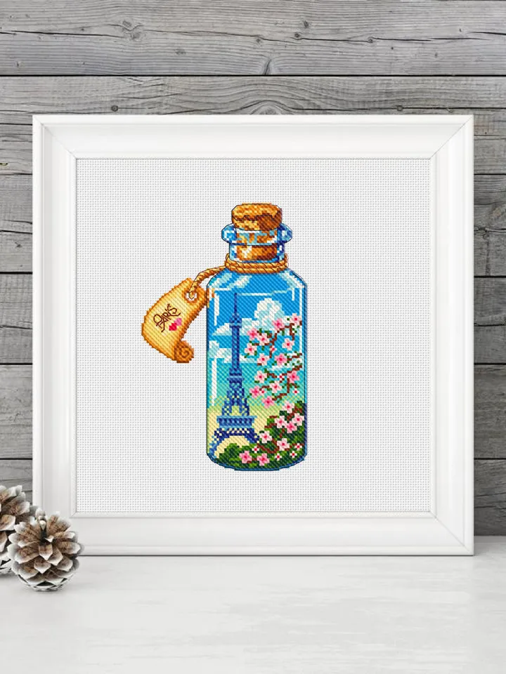 Bottle cross stitch pattern PDF download Eiffel Tower beginner stitch Sakura flowers cross stitch Spring France embroidery Paris decor #E10