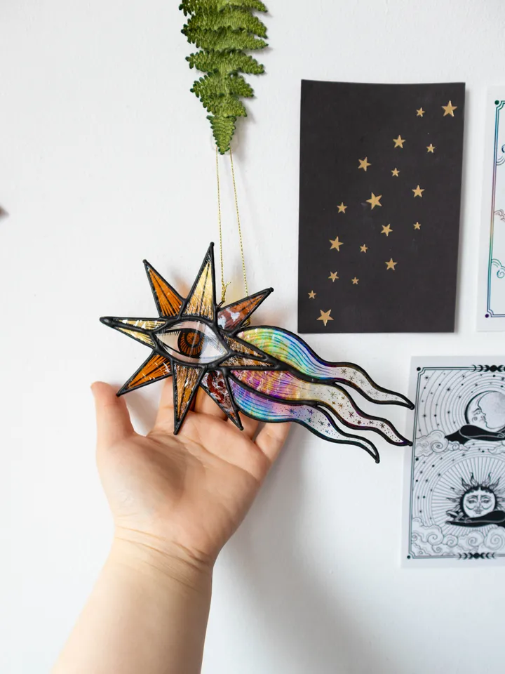 Stained glass ornament, Celestial home decor, Star Art