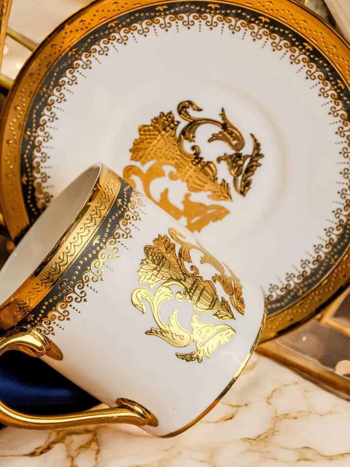 14K Genuine Gold Powder Porcelain Tea Cups And Saucers | Tea Cups Saucers Set | Gold Porcelain Set | Elegant Teaware | Gift For Tea Lovers