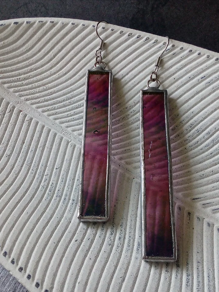 Iridescent stained glass earrings, cute rectangle earrings, dichroic earrings, duochrome earrings