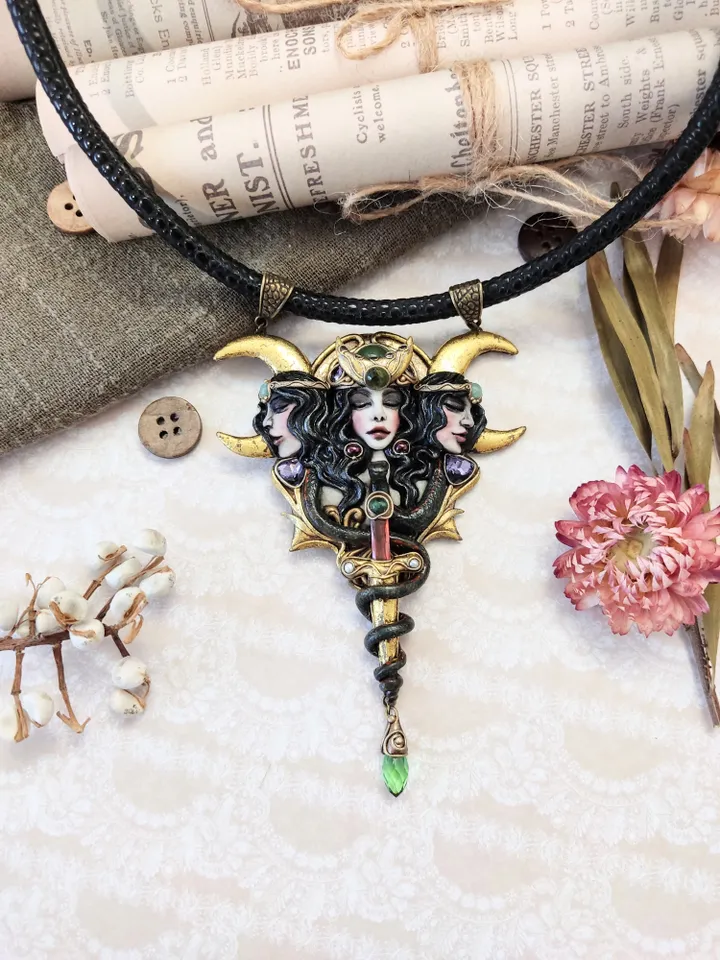 Necklace Hekate, Goddess of the moon pendant, Three-faced Goddess Hekate