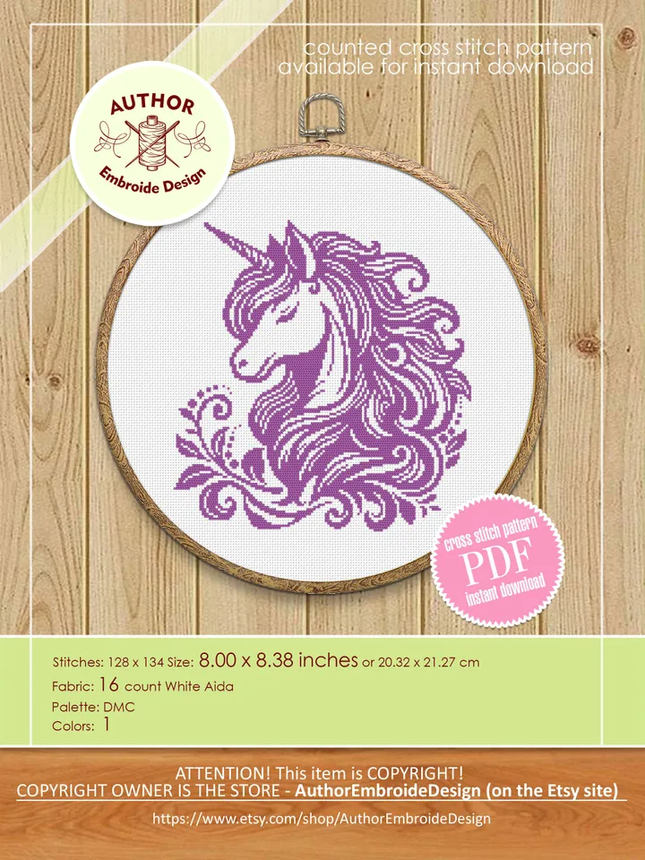 Unicorn cross stitch pattern PDF download Simple monochrome cross stitch chart, Cute unicorn pattern digital PDF, Beginner cross stitch #K49