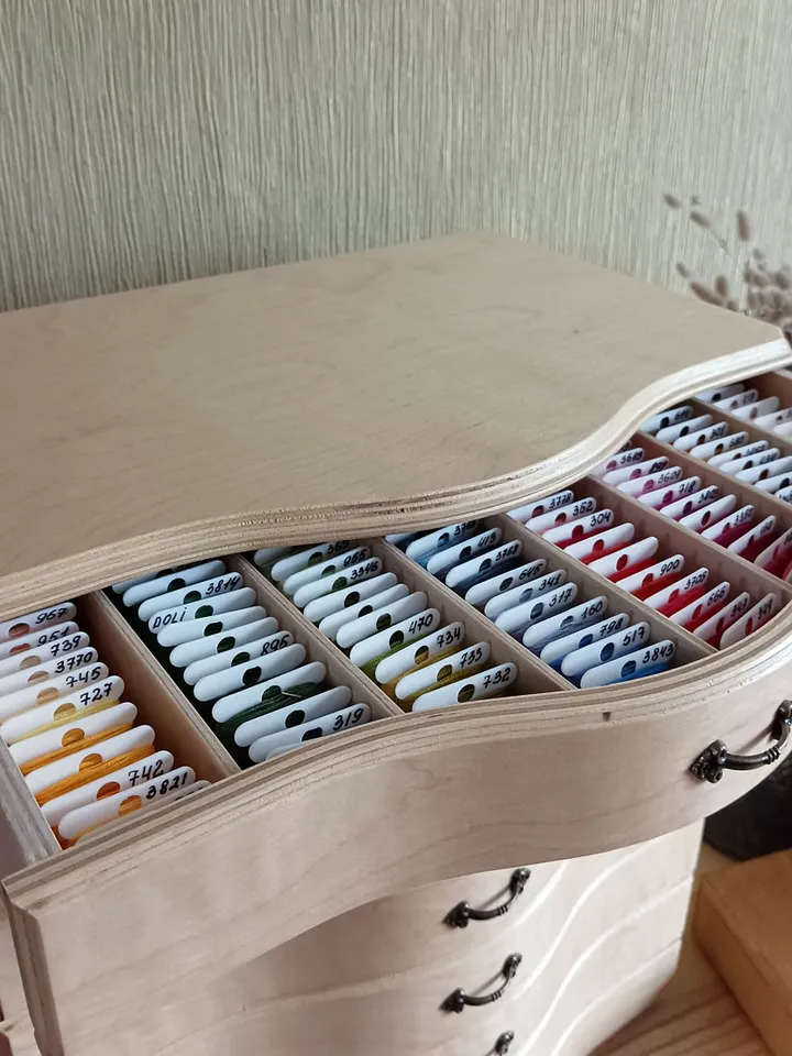 Floss storage cabinet for DMC floss bobbins and skeins, Stitching drawer box with curved faces in vintage style