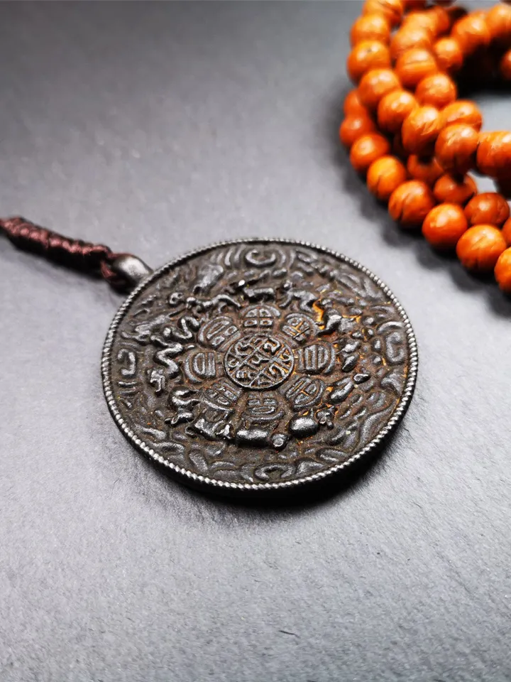 Gandhanra Vintage Tibetan Buddhist Amulet,Calendar Badge,Melong Mirror, SIPAHO Pendant(srid pa ho),Made of Thokcha,40 Years Old