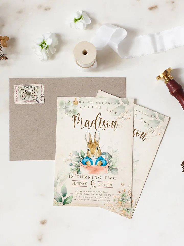 Peter Rabbit First Birthday Invite; Bunny Baby Birthday Invitation template; Our little bunny turning one; neutral bunny birthday invitation