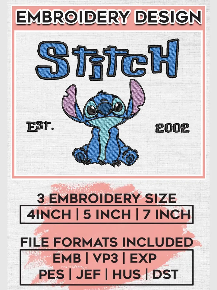 Stitch Est 2002 Embroidery Designs, Lilo & Stitch Embroidery, Disney Embroidery Files, Machine embroidery Files, Digital Download EMB_CARTOON_119