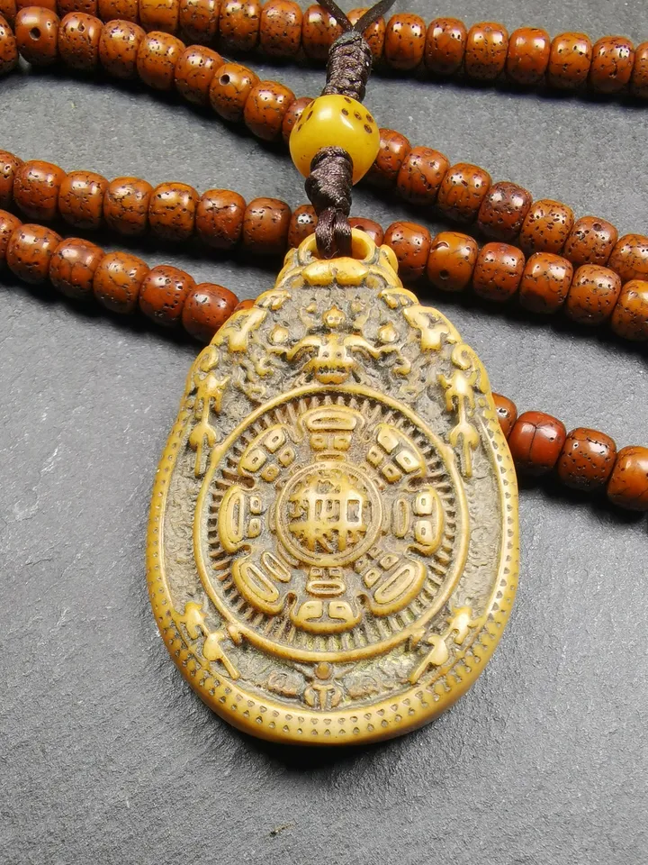 Gandhanra Antique Tibetan Buddhist Calendar Amulet,Yak Bone Carved Melong Mirror,SIPAHO(srid pa ho) Badge,1.46 inches, 20 Years Old