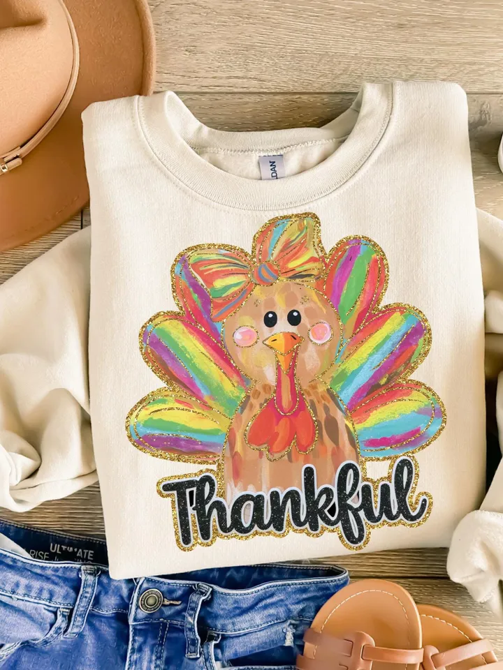 Colorful Coquette Turkey Png, Glitter Turkey Thanksgiving Png, Thankful Png, Dalmatian Dots Bow Fall Png, Hand Drawn, brushstroke