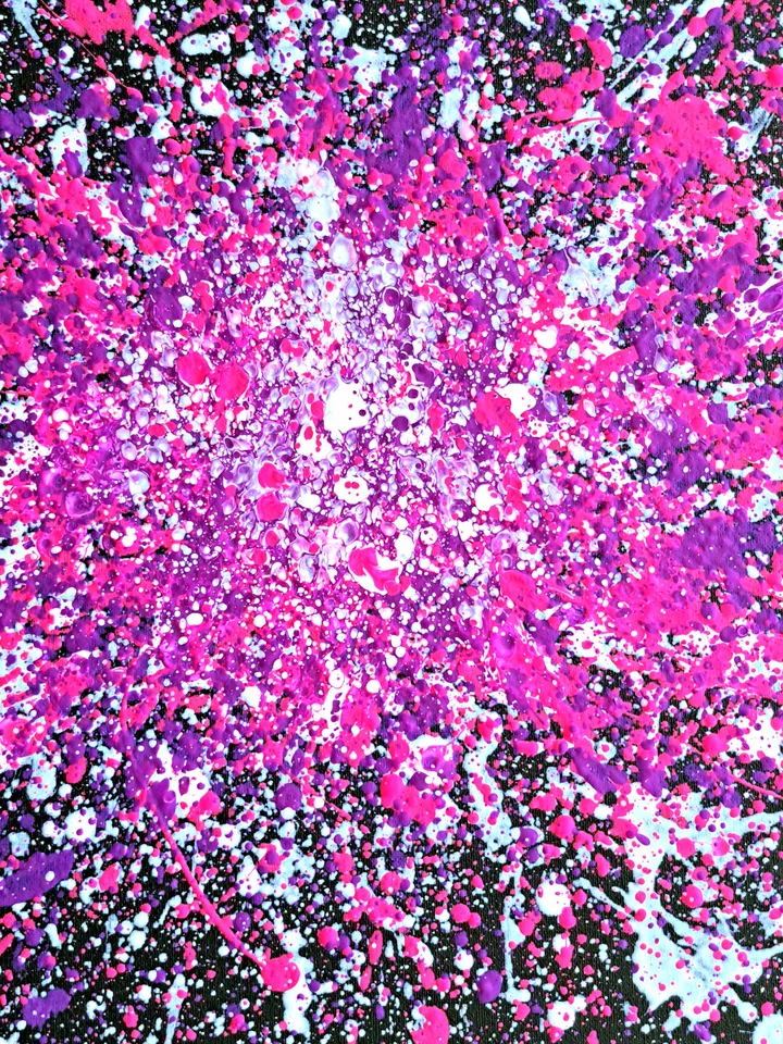Fluorescent neon painting made with splashes technique "Miami" abstraction, contemporary art
