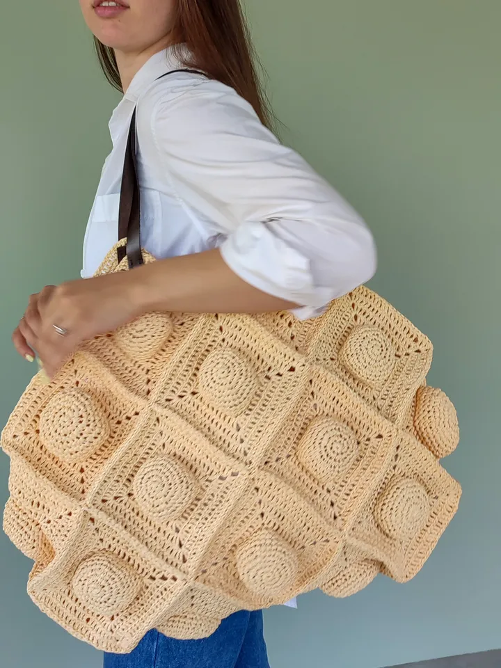 Unique handmade raffia beach bag with leather handles, summer handbag