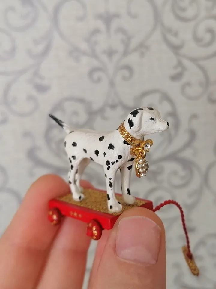 Dolmatian on a cart. Doll toy. dollhouse miniature.1:12 scale.