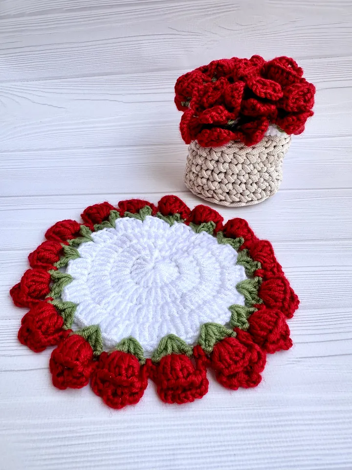 CROCHET ROSE Coaster pattern - Rose Flower Pot Coaster Set Crochet Pattern Flower Bouquet Plant Coasters Instant Digital Download PDF
