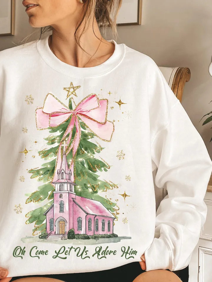 Oh Come Let Us Adore Him Png, Watercolor Christmas Tree Girly, Jesus Christmas Coquette Bow Tree Png, Christmas Lights Hand Drawn