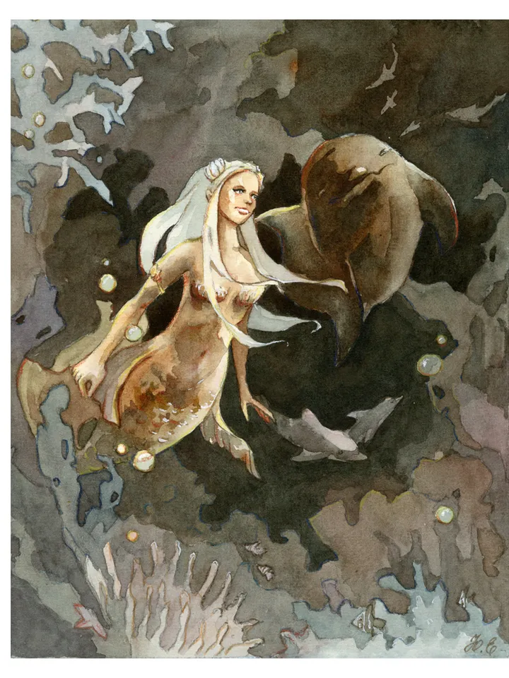 Fantasy mermaid art Original underwater fairy tale painting by Yulia Evsyukova