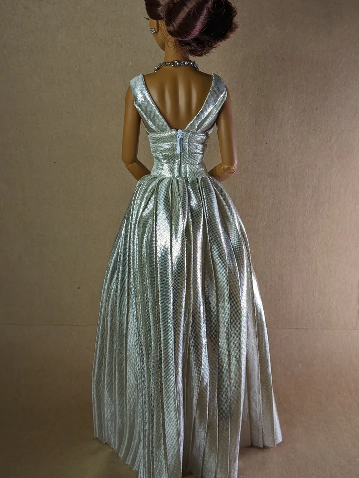 Silver pleated evening dress for 16 inch fashion doll
