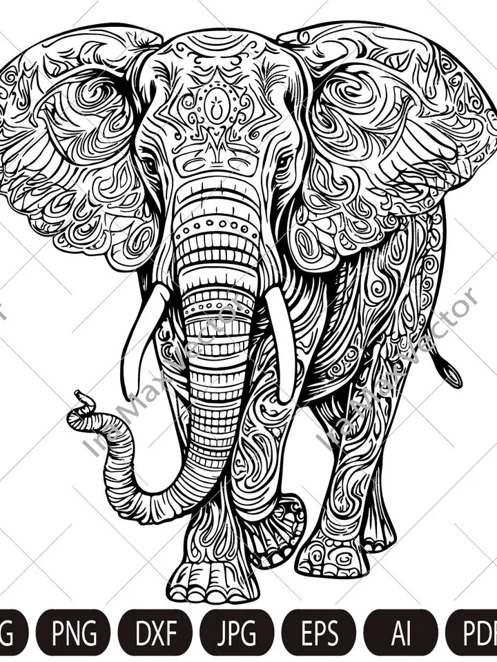 Elephant Svg, Elephant Clipart, Elephant mandala, Elephant Head, Elephant detailed , Elephant etnic, Animals Silhouette,coloring page