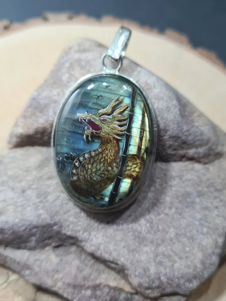 Gold dragon pendant Laquer miniature labradorite pendant Christmas Gift Wrapping