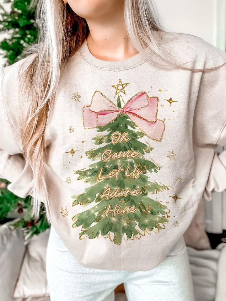 Oh Come Let Us Adore Him Png, Jesus Christmas PNG, Coquette Christmas Tree Png, Hand Drawn, Christian Christmas Png, Sublimation Download
